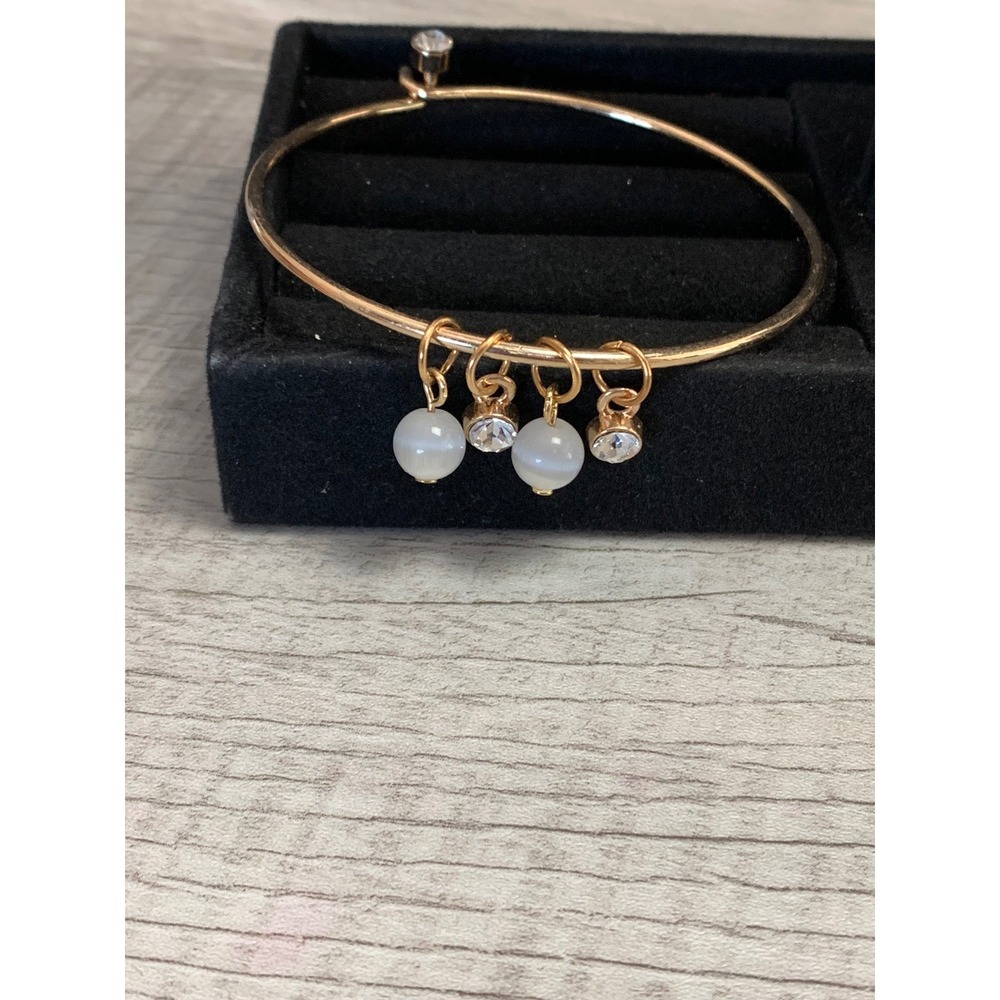 Gold tone Bangle Bracelet White Beads Clear Crystal Charms 6 Inch Hook Closure